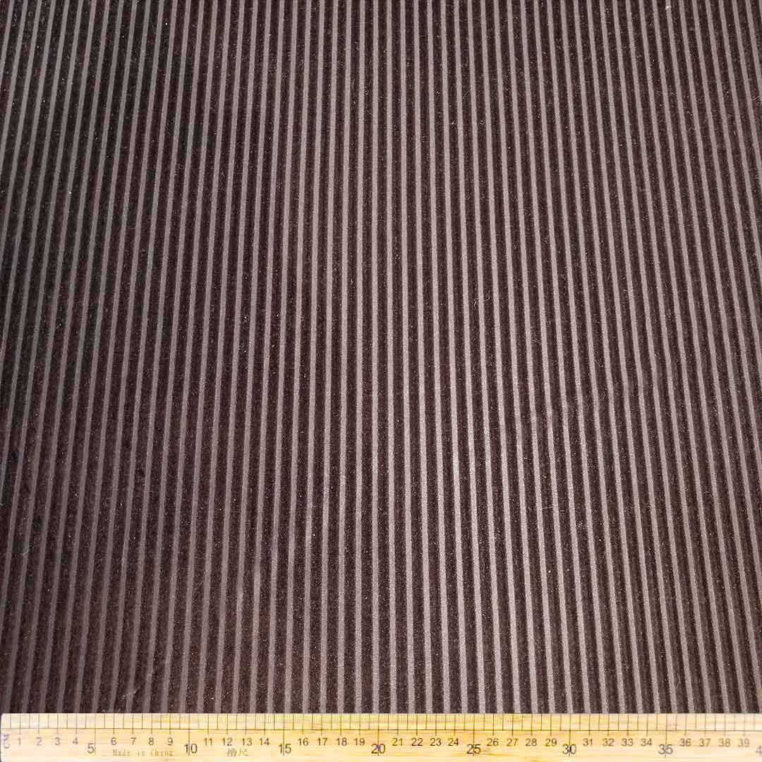 DR1597-5_1.jpg Nylon Velvet Burnouts RSB-9219 Stripes Dark Brown – Luxurious dark brown velvet fabric with a striped burnout pattern, ideal for fashion, home décor, and upholstery, offering depth and sophistication.