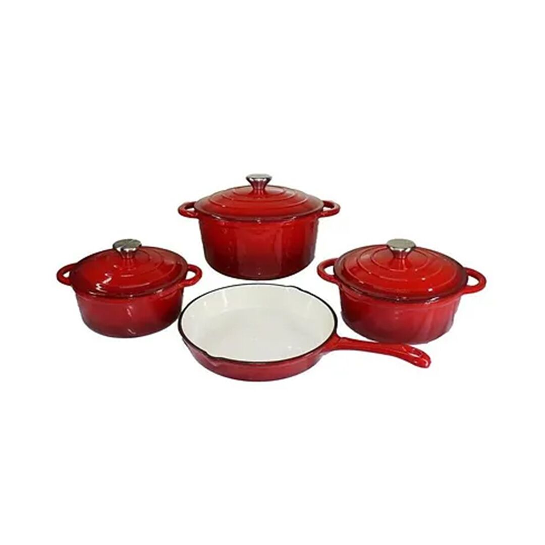 GL13063_1.jpg Red 7-Piece Cast Iron Pot Set with a sturdy design, ensuring even heat distribution for superior cooking performance.