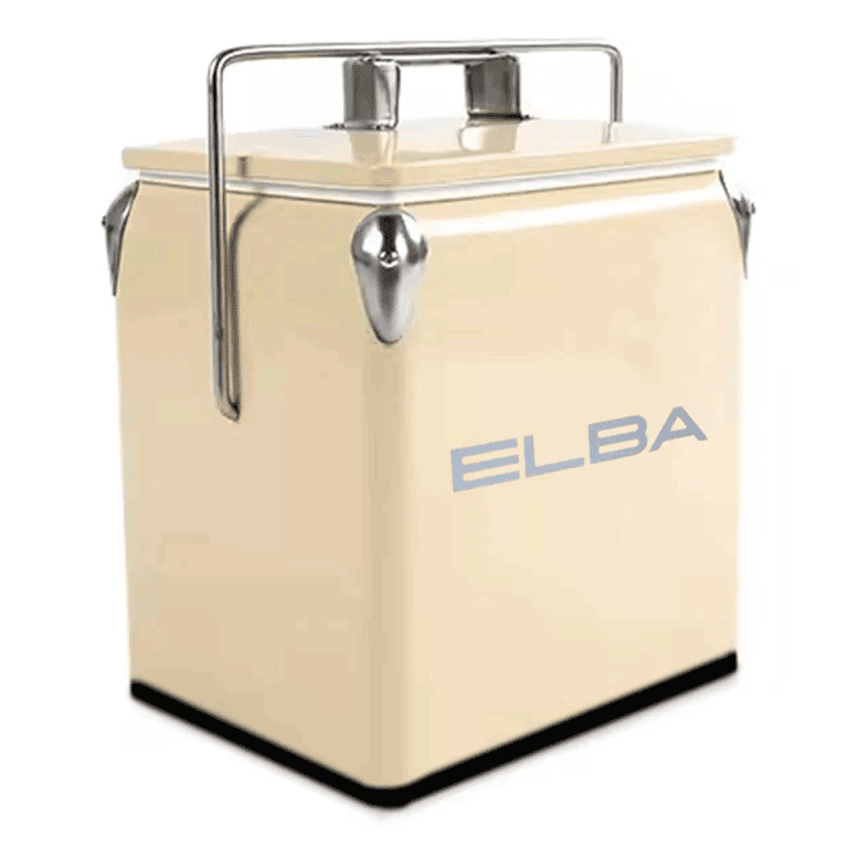 Elba-Cooler-Box-Cream-768x768 The Elba Retro Metal Cooler Box in elegant cream, with its handle upright, in an outdoor or picnic setting.
